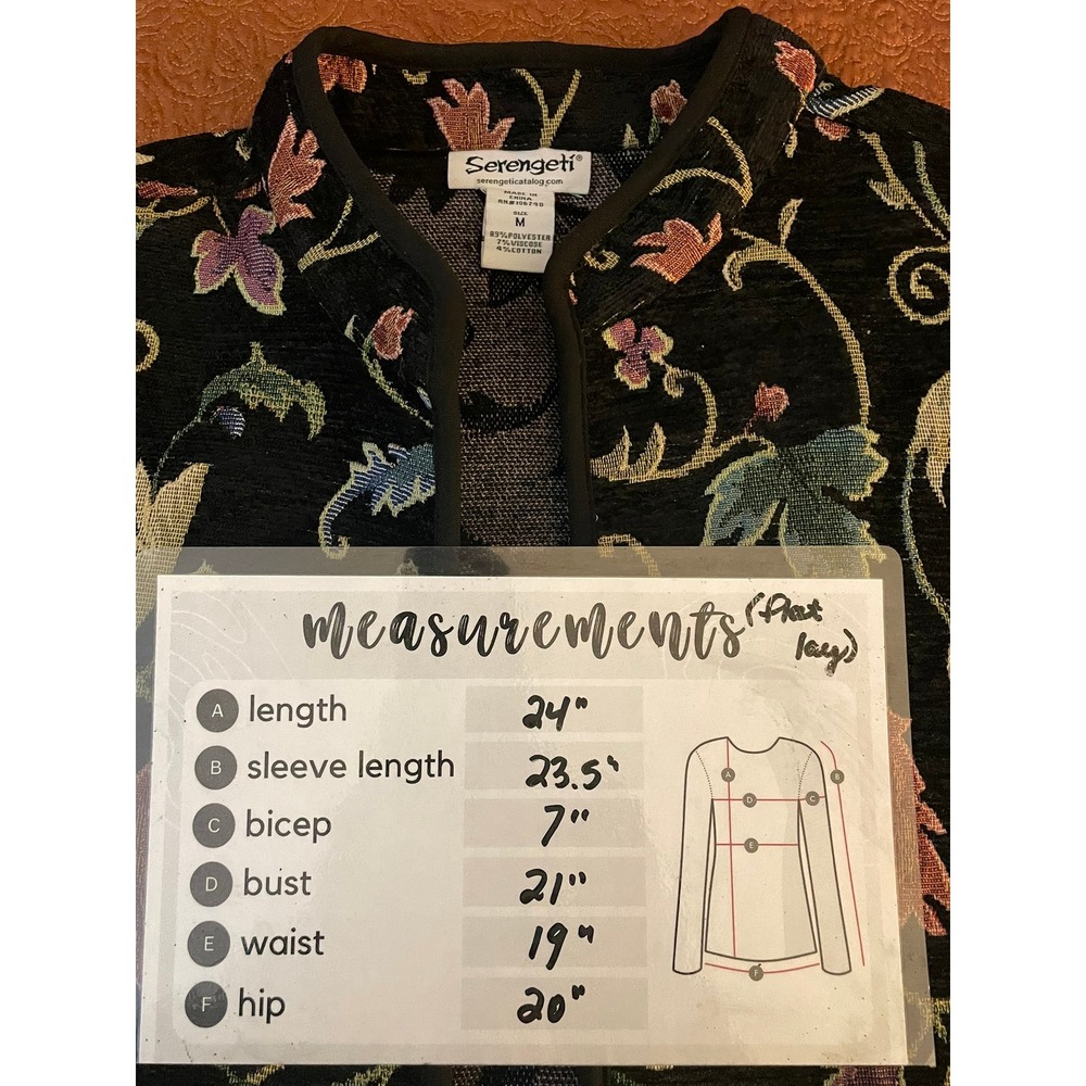 Serengeti Womens Tapestry Jacket Black Floral Vine Open Front Pockets Size Med - Picture 14 of 14